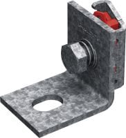 MT-B-L FL OC Vormontierte Grundplatte (leicht) Pfosten-Grundplatten-Verbinder mit vormontierter Fast-Lock-Mutter und Schraube zur Verankerung leichter Profilschienenkonstruktionen in Beton oder Stahl, für den Einsatz in Außenbereichen mit niedriger Schadstoffkonzentration