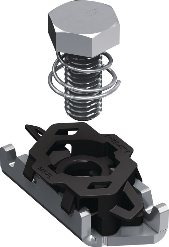 MT-FL Fast-Lock Kanalmutter mit Schraube Fast-Lock Kanalmutter mit Schraube zur Befestigung von Grundplatten und Verbindern an MT-Strebenkanälen